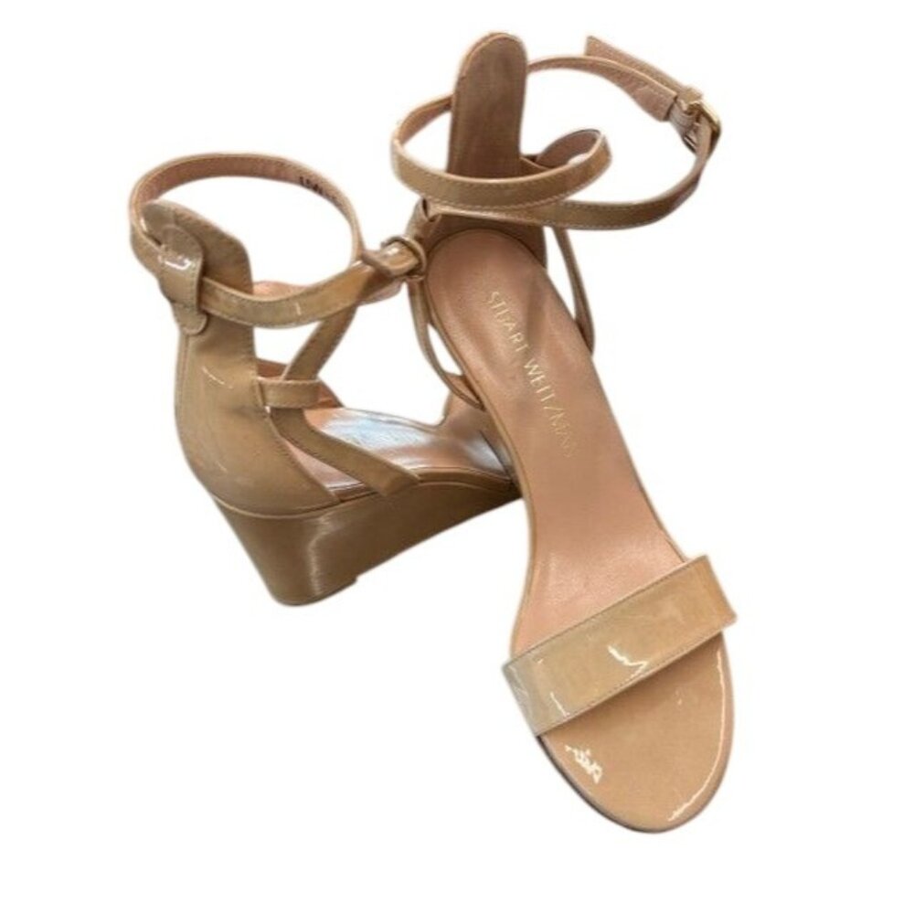 Stuart Weitzman Nude Patent Leather Wedge Sandals Womens Size 6 Adjustable Ankle